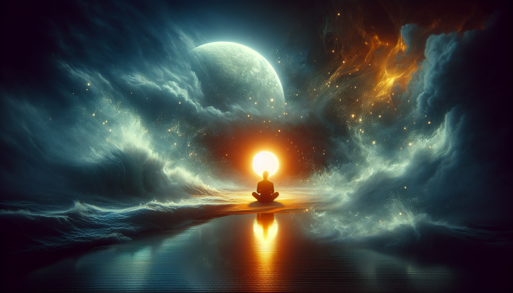 Image of a peaceful figure  in a sitting and meditation state in the middle of the image sitting over what appears to be water, in the eye of a storm, stars and the sun directly in front of them reflecting over the water