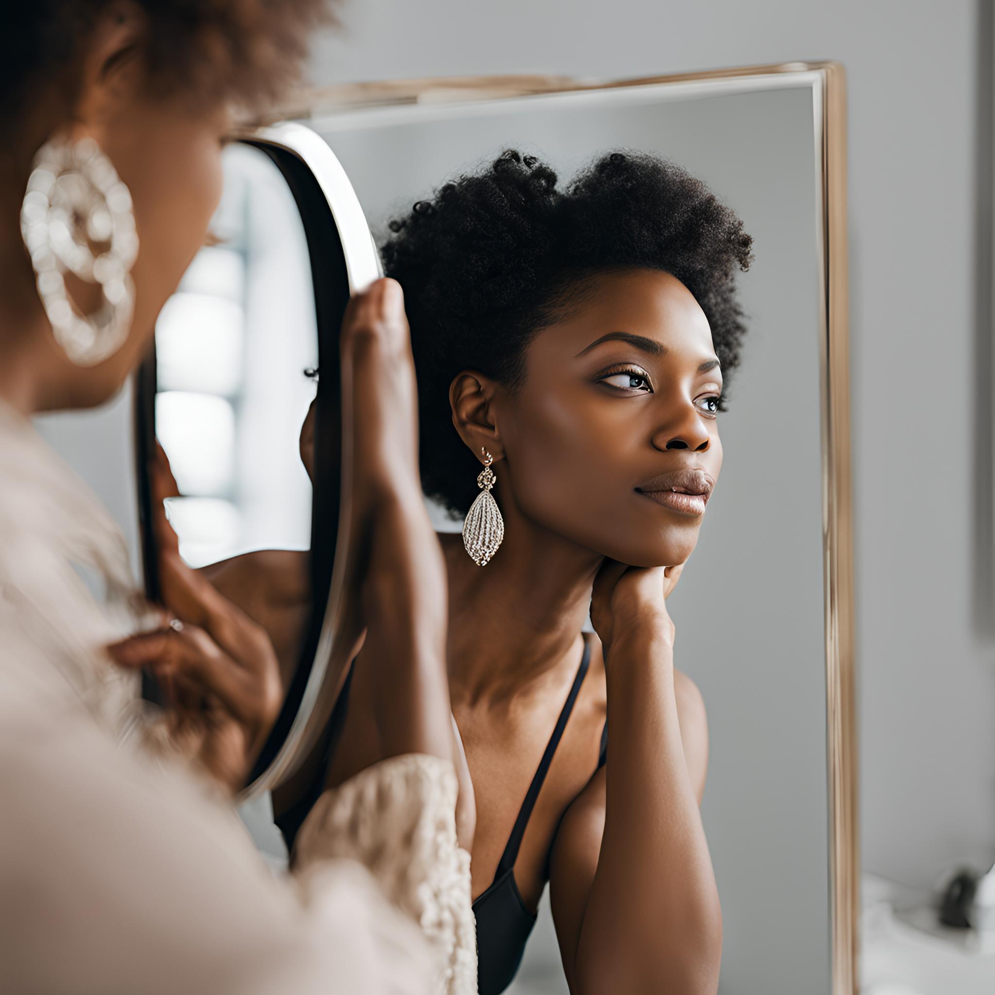 black woman looking in the mirror